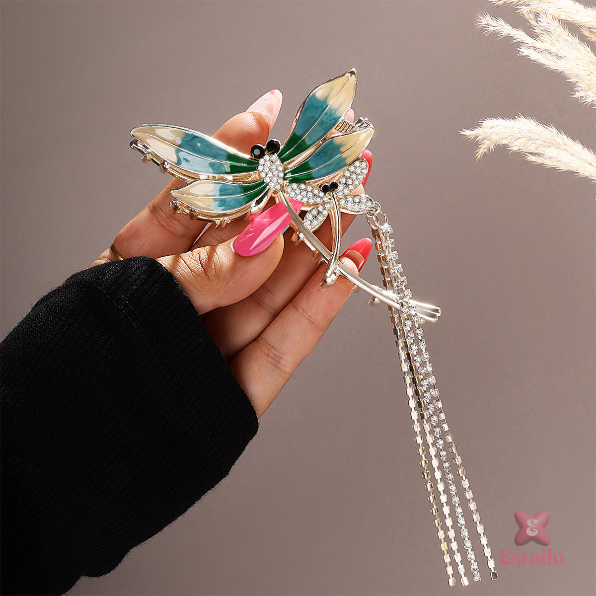 Emerald Dragonfly Tassel  Hair Clip