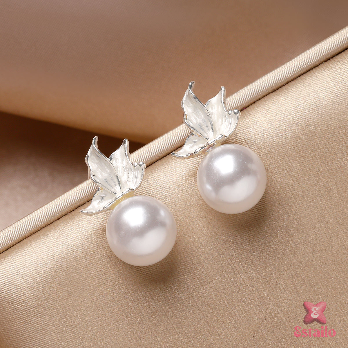 Silver Leaf Pearl Accents Earrings