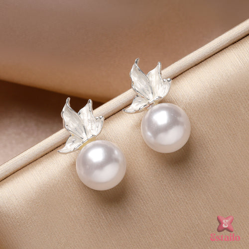 Silver Leaf Pearl Accents Earrings