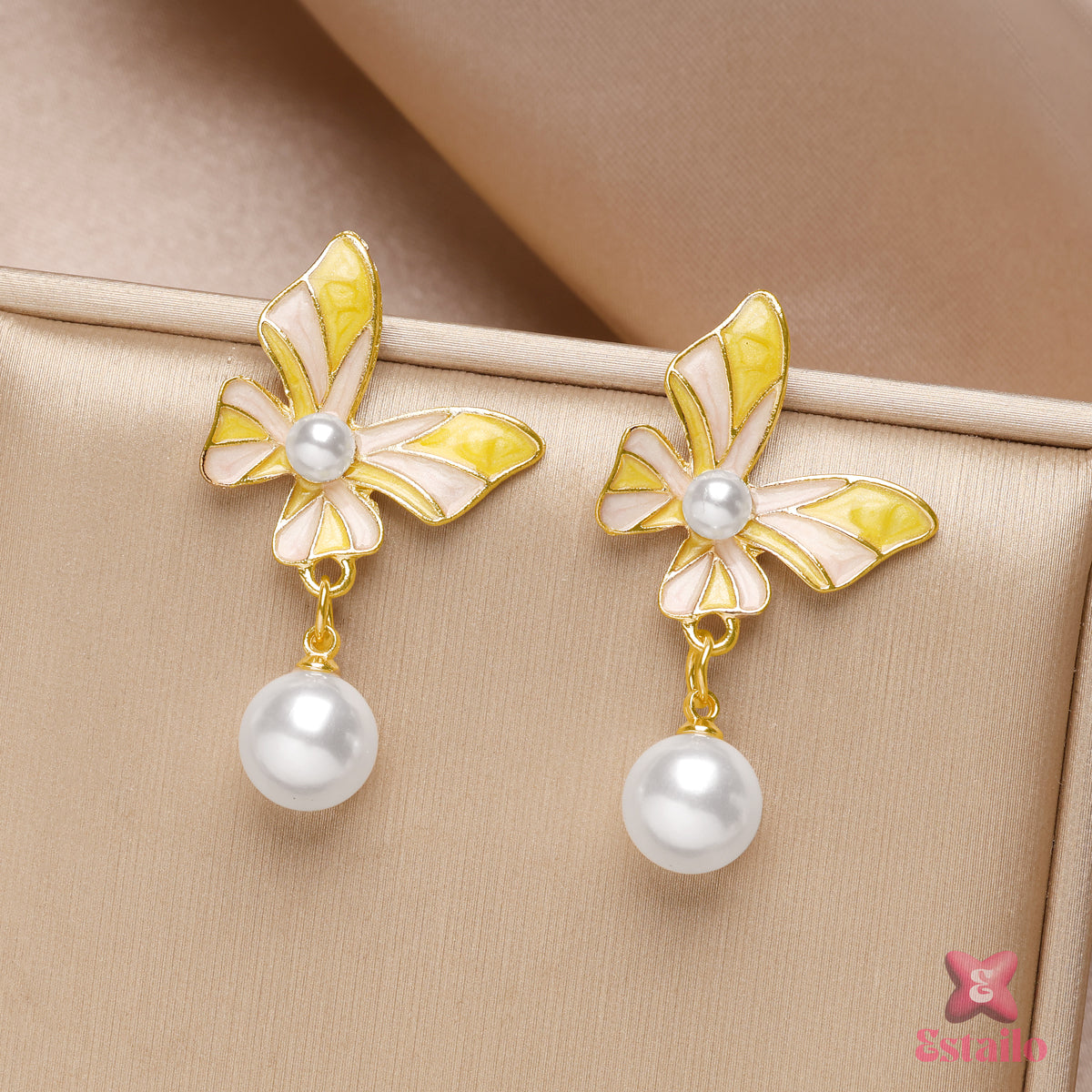 Yellow Belle Pearl Butterfly Earrings