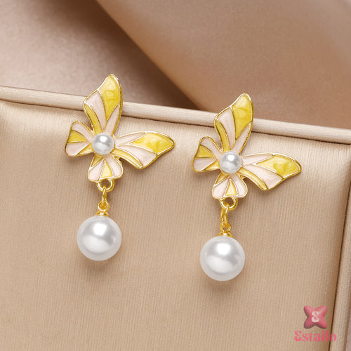 Yellow Belle Pearl Butterfly Earrings