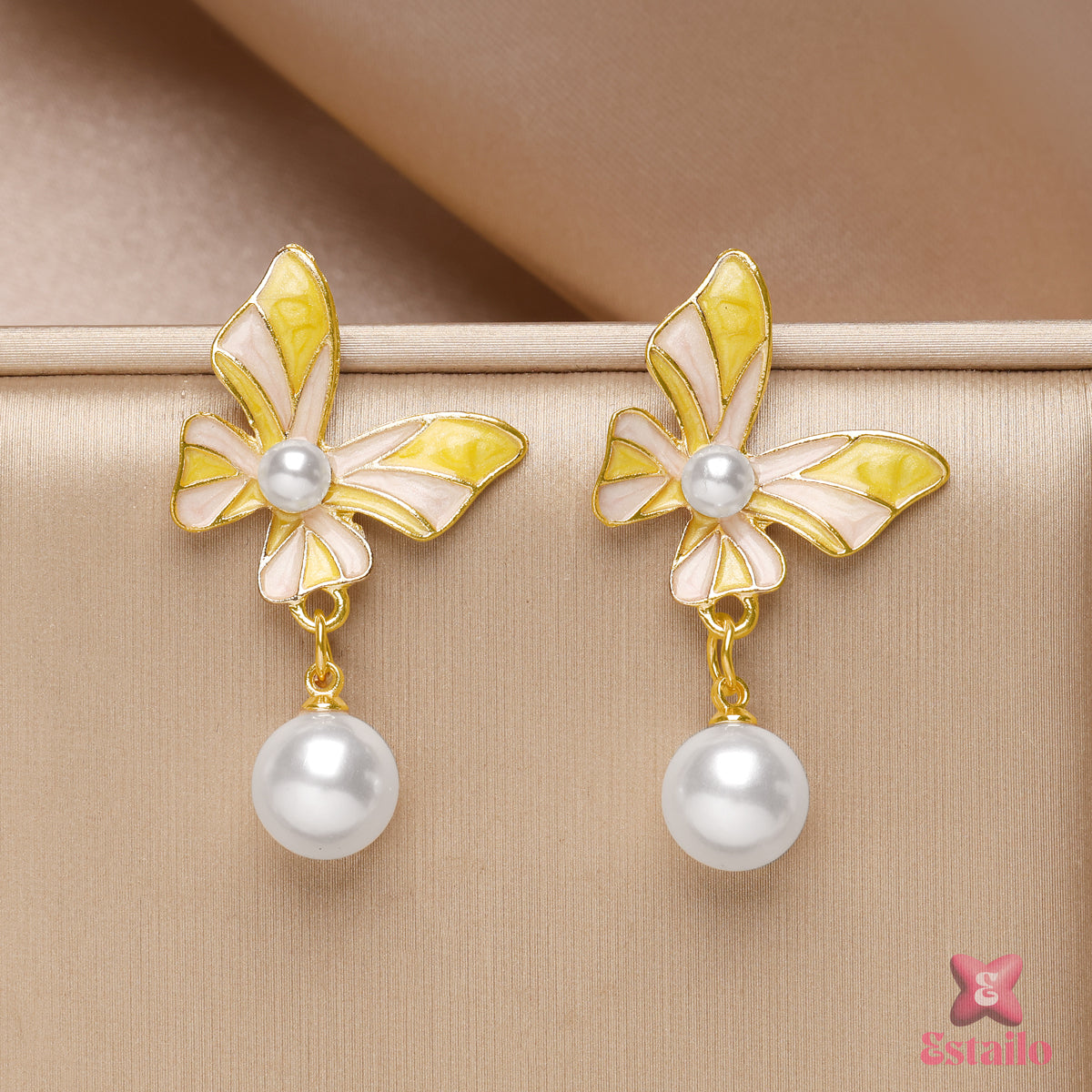 Yellow Belle Pearl Butterfly Earrings