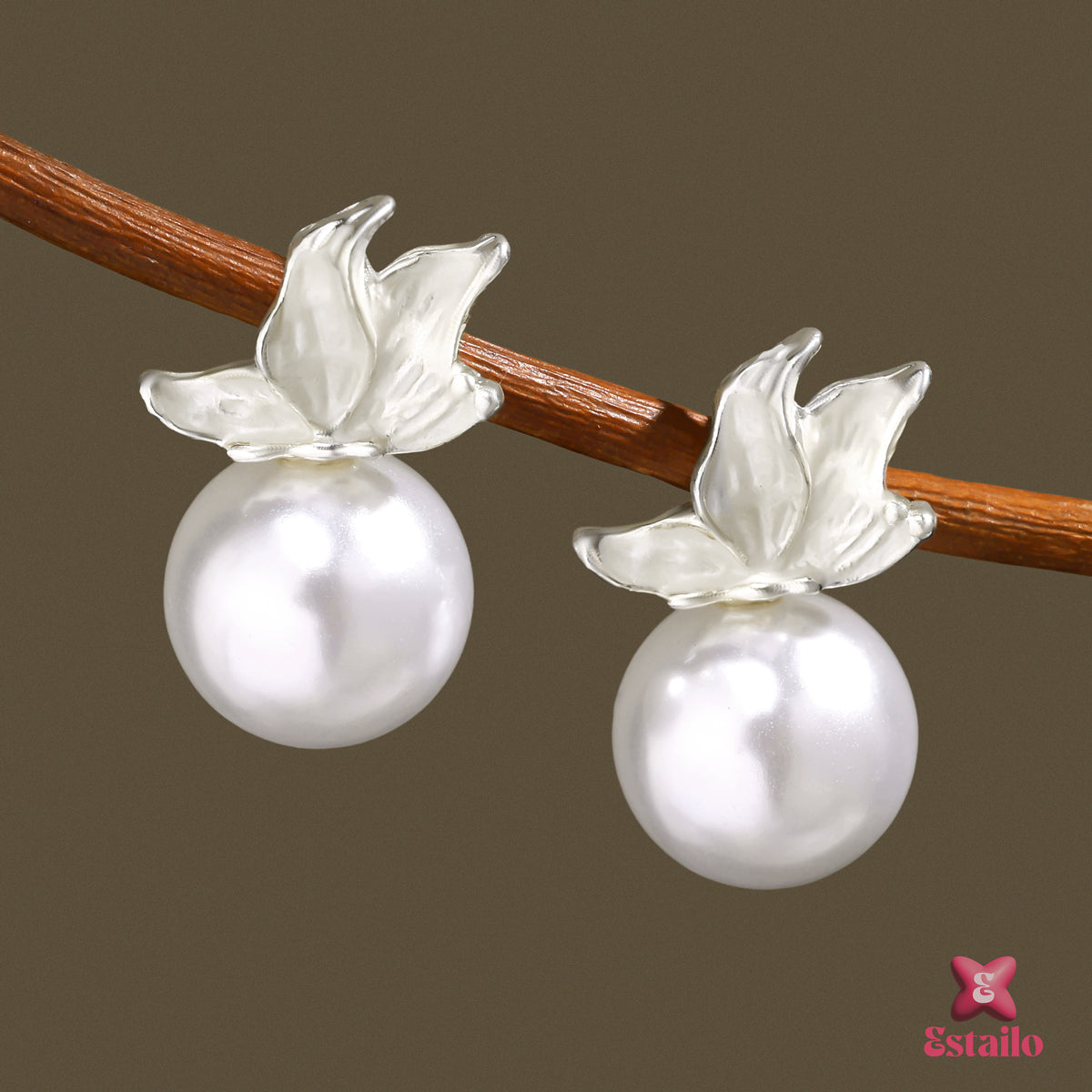 Silver Petal Pearl Drops Earring