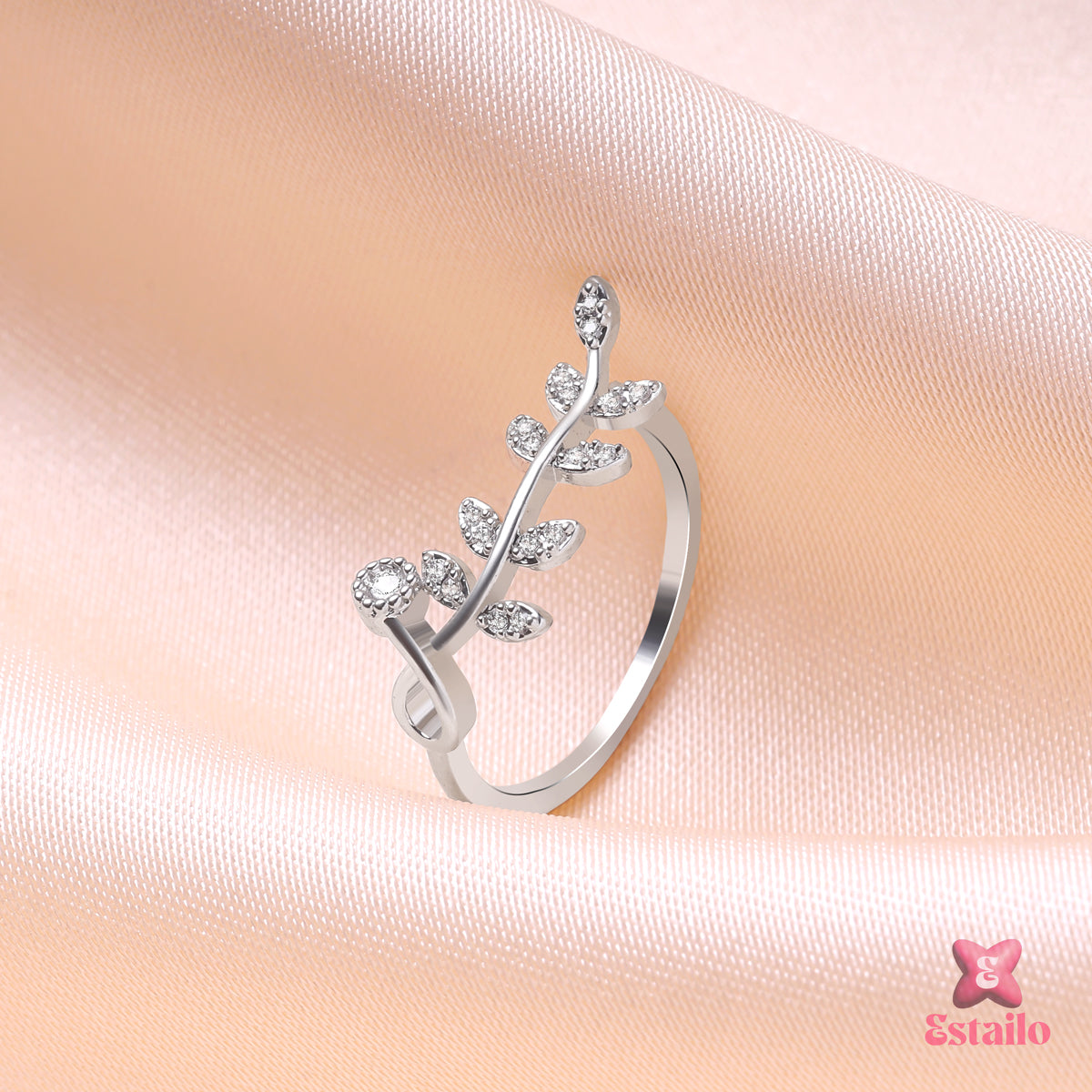 Silver Zircon Leaf Ring