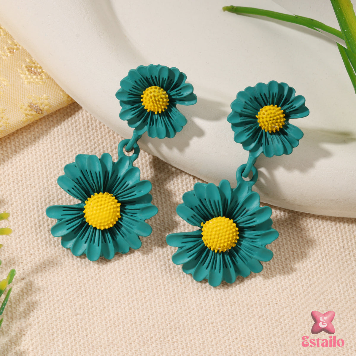 Green Daisy Drop Earrings