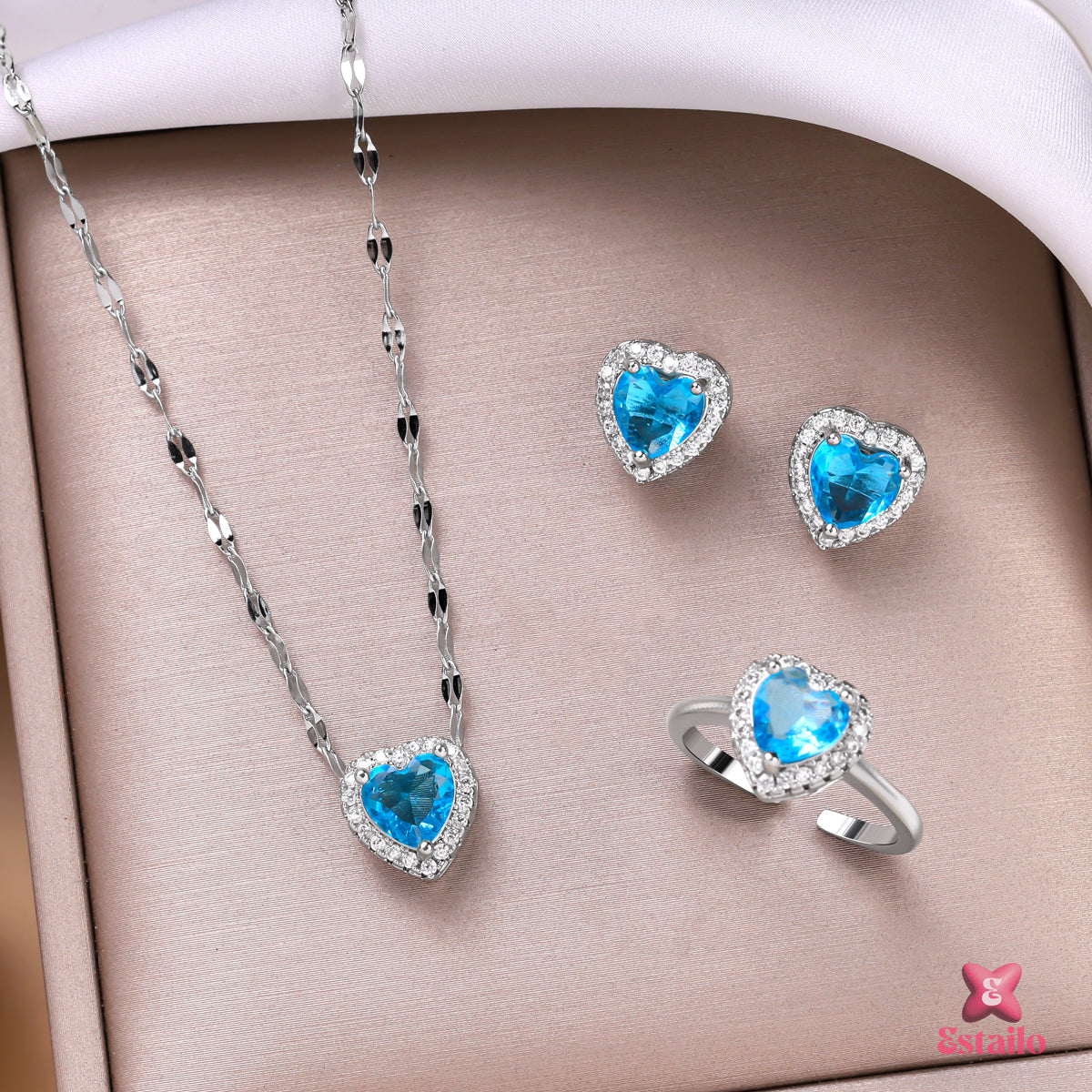 Blue Gemstone Heart Necklace Set