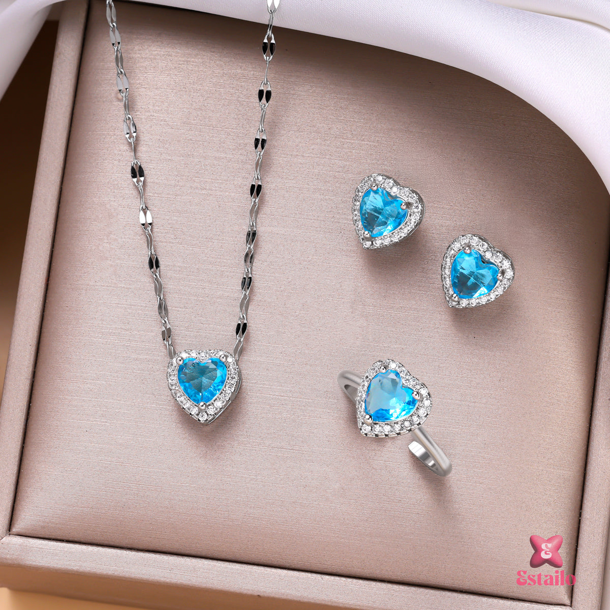 Blue Gemstone Heart Necklace Set