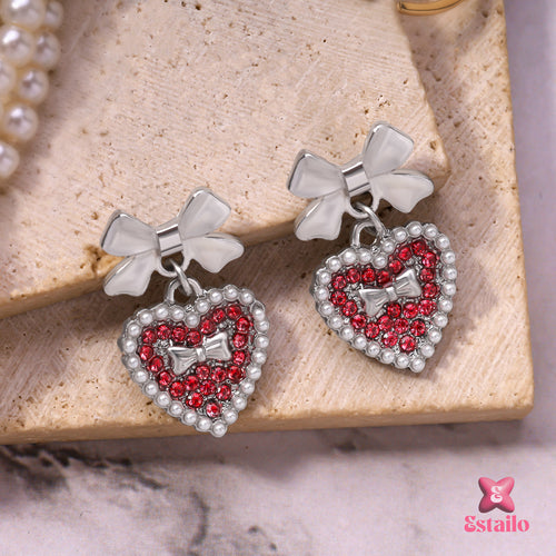Bow & Crystal Heart Studs Earrings