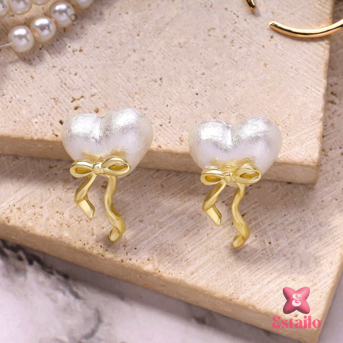 Pearl Heart with Bow Drop Earrings