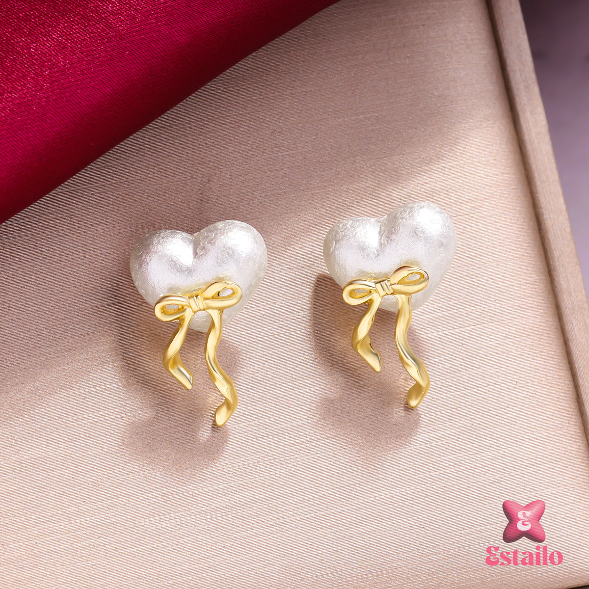 Pearl Heart with Bow Drop Earrings