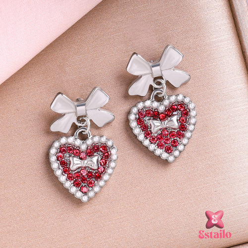 Bow & Crystal Heart Studs Earrings