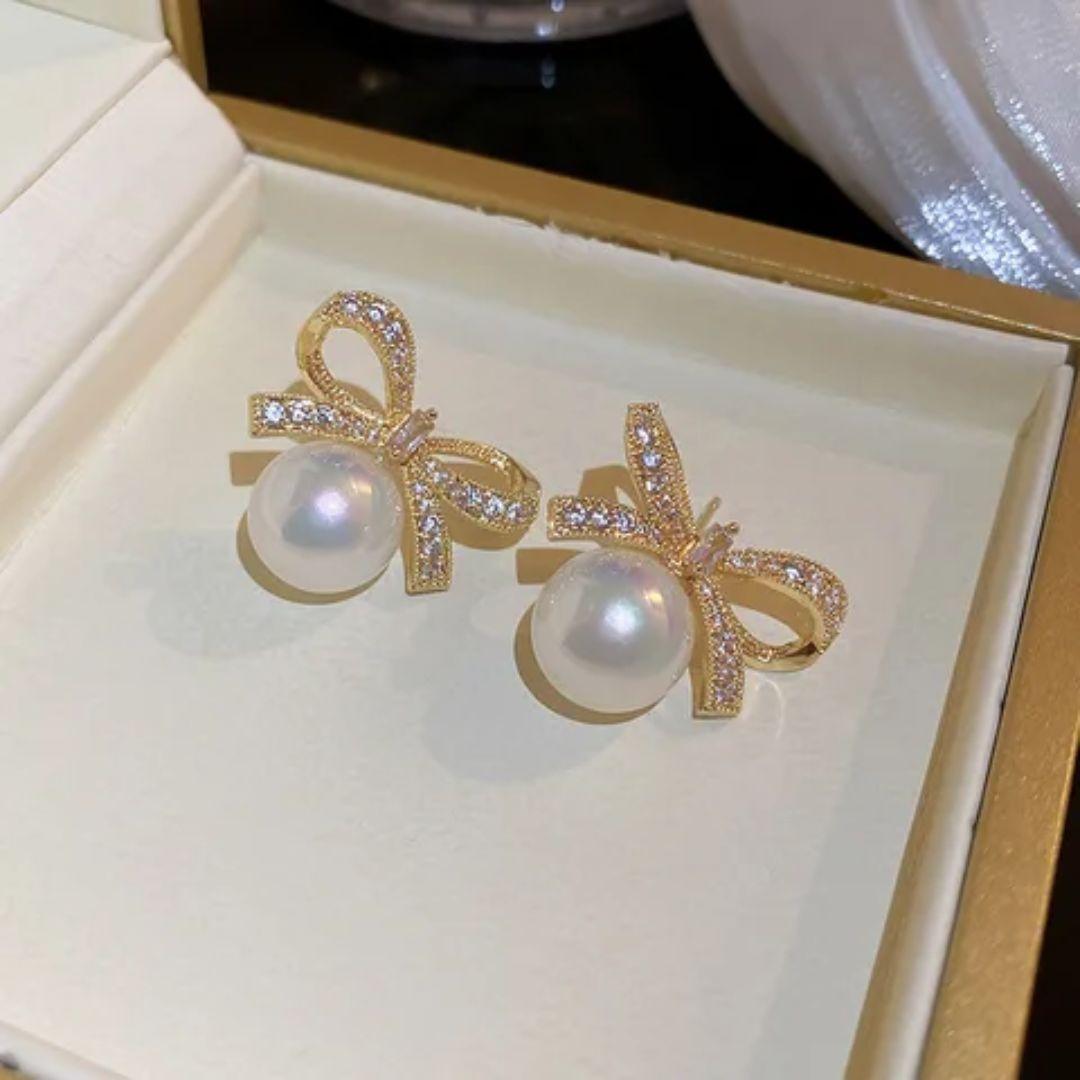 Perky Pearl Bow Stud Earrings