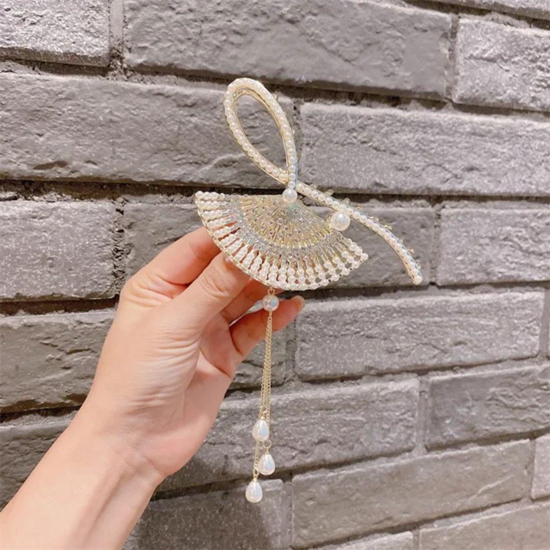 Rhinestone Pearl Tassel Hair Clip