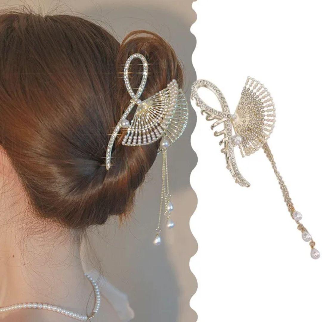 Rhinestone Pearl Tassel Hair Clip