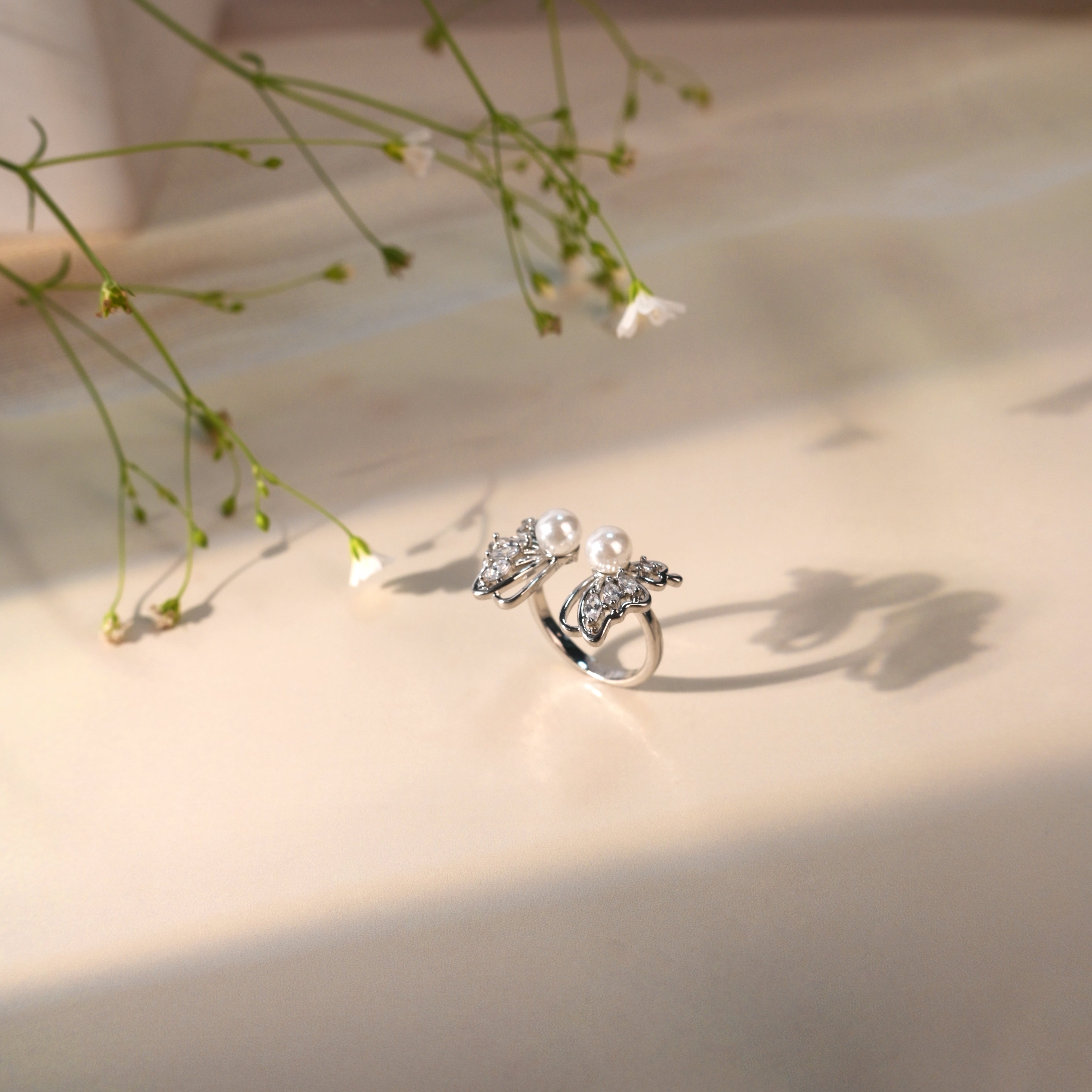 Silver Butterfly Pearl Ring