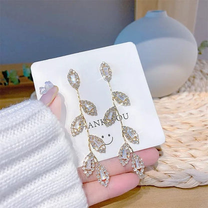 Rhinestone Leaf Tassel Long Earrings