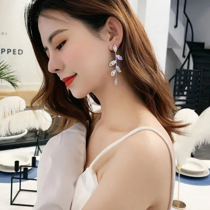 Rhinestone Leaf Tassel Long Earrings