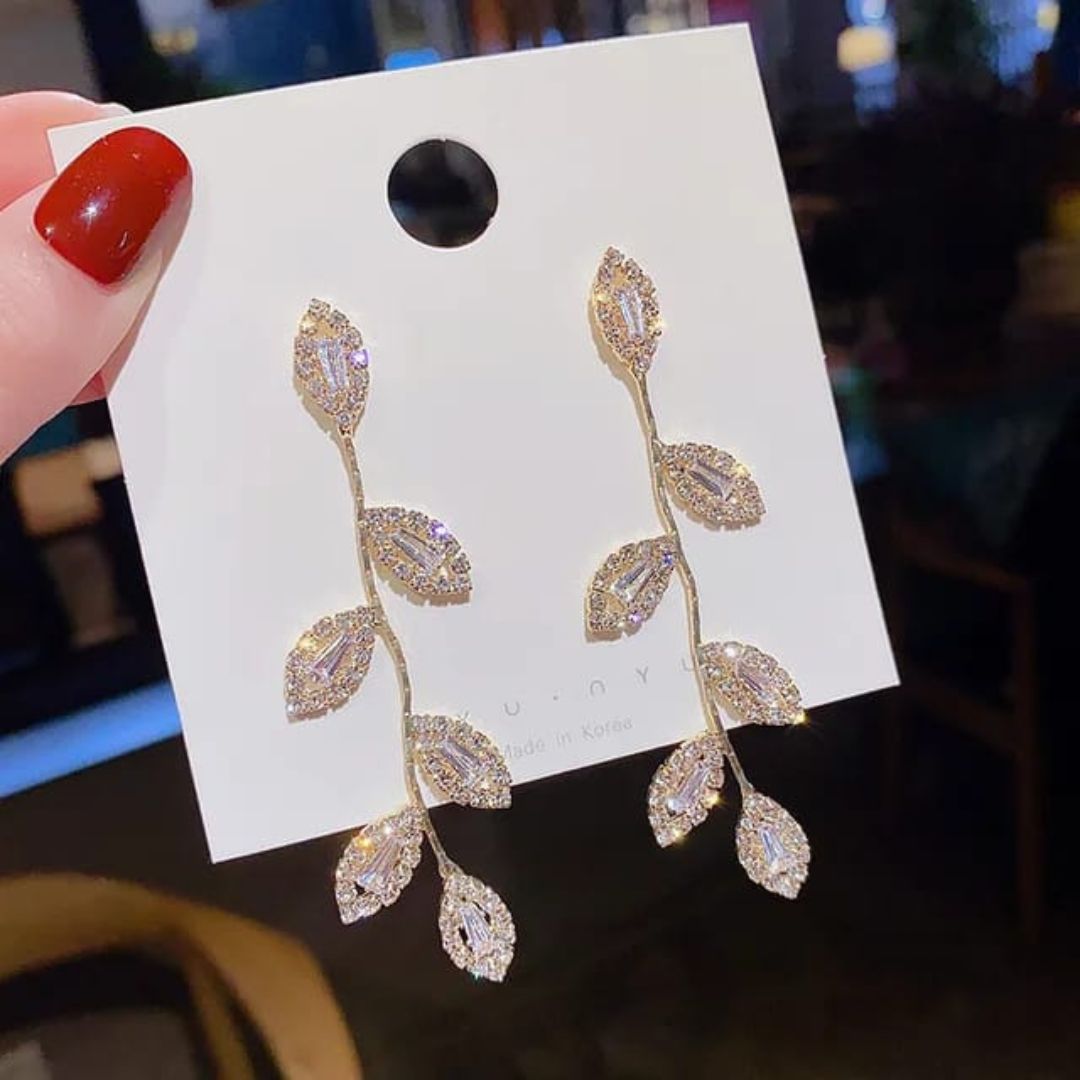 Rhinestone Leaf Tassel Long Earrings