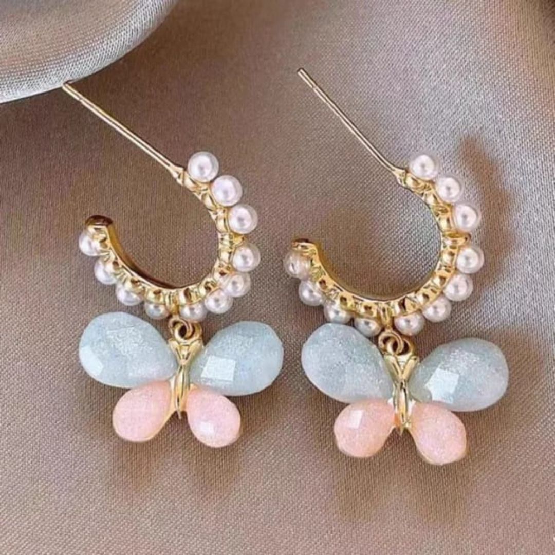 Butterfly Pearl Hoops Earrings