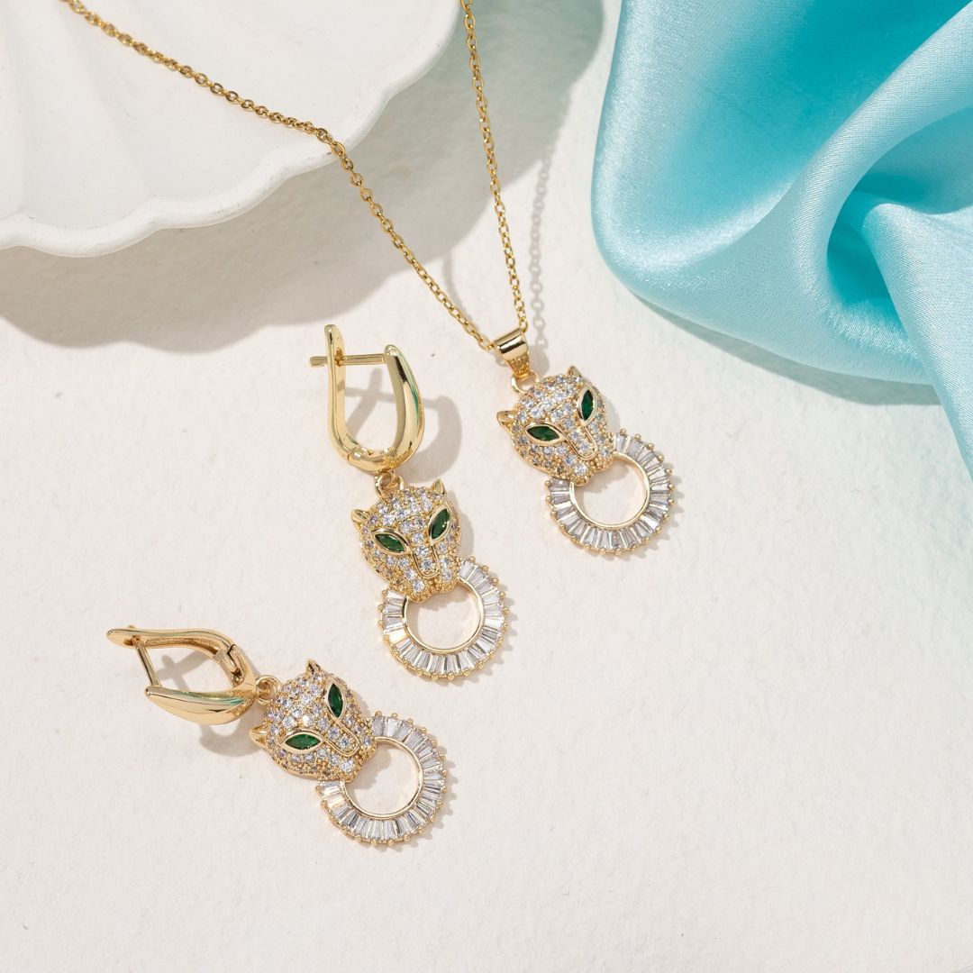 Zirconia Panther Neckpiece and Earring