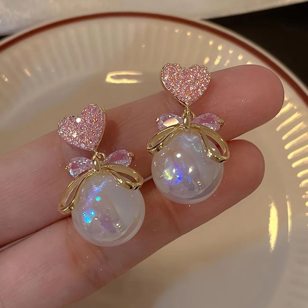 Pink Heart Pearl Drops Earring