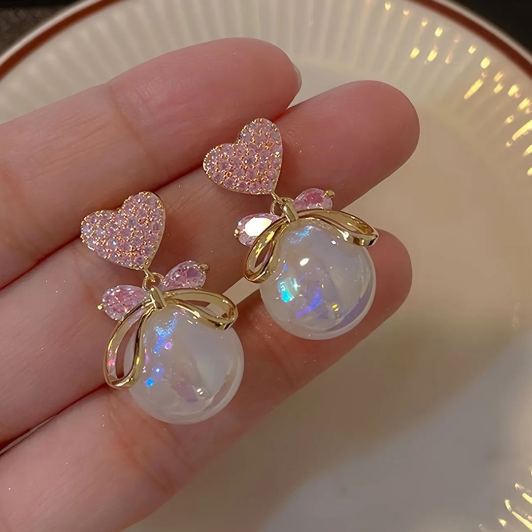 Pink Heart Pearl Drops Earring