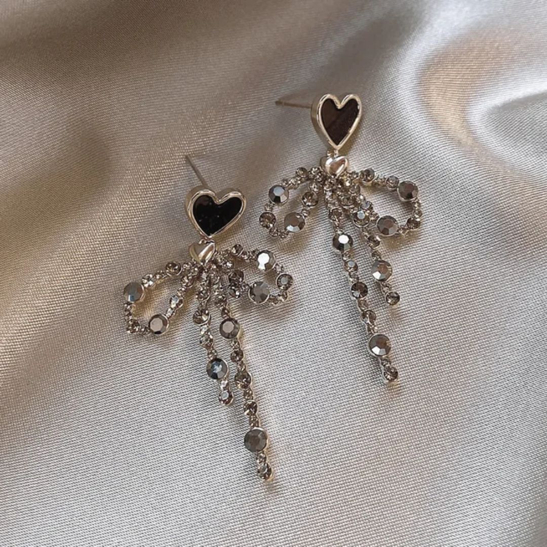 Rhinestone Bow Heart Drop Earrings