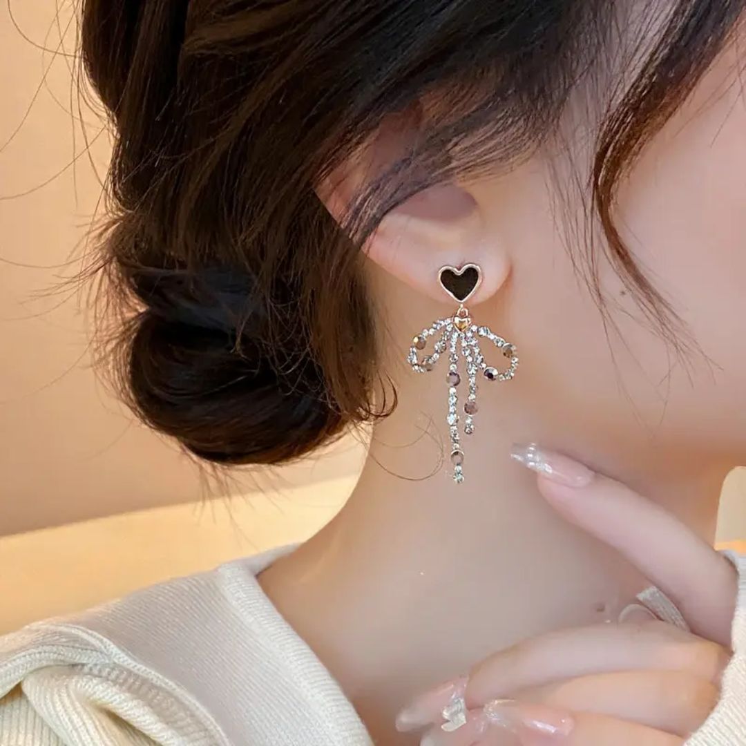 Rhinestone Bow Heart Drop Earrings