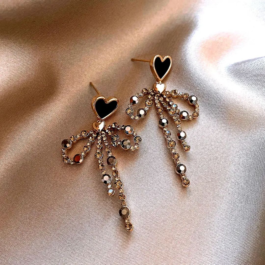 Rhinestone Bow Heart Drop Earrings