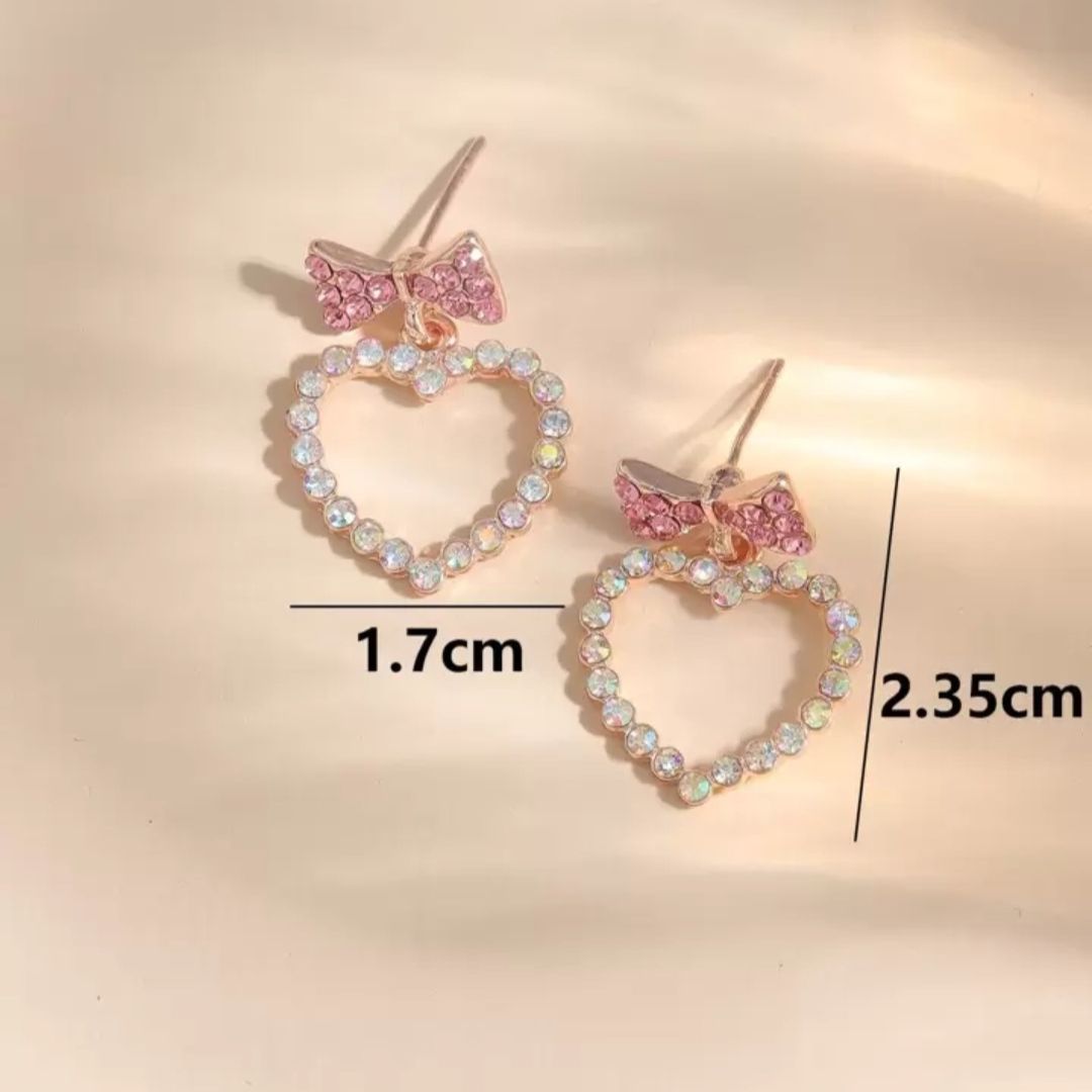 Rosy Heart Bow Drops Earring