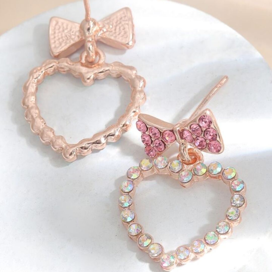 Rosy Heart Bow Drops Earring