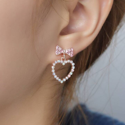 Rosy Heart Bow Drops Earring