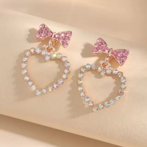 Rosy Heart Bow Drops Earring