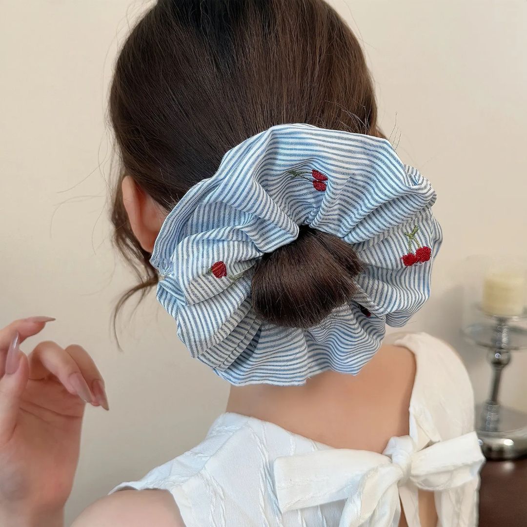 Embroidered Cherry Scrunchie Hair Tie