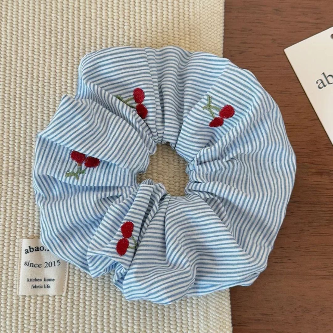 Embroidered Cherry Scrunchie Hair Tie