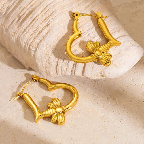 Golden Heart Butterfly Hoops Earrings