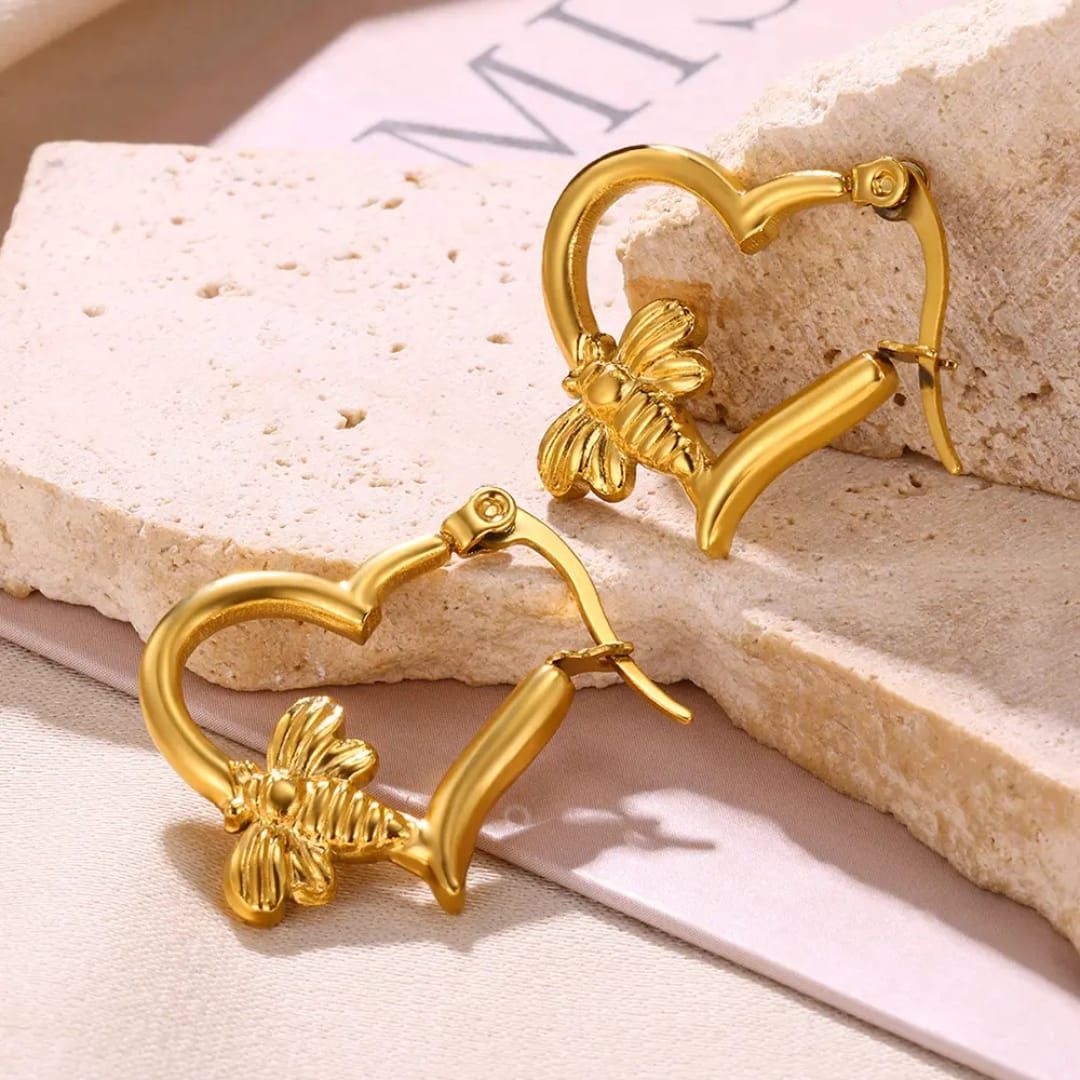 Golden Heart Butterfly Hoops Earrings
