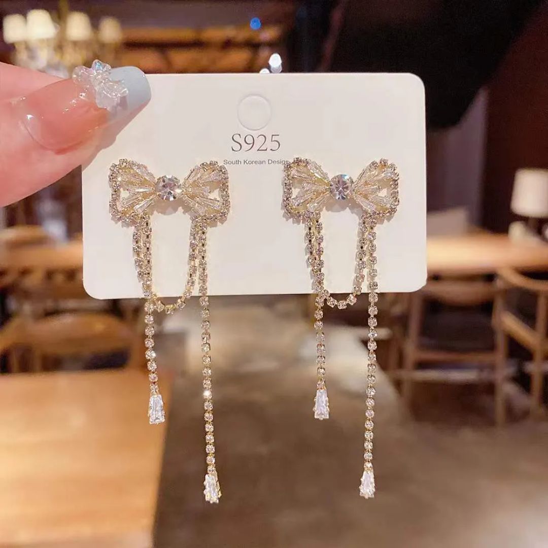 Sparkly Bow Tassel Earrings