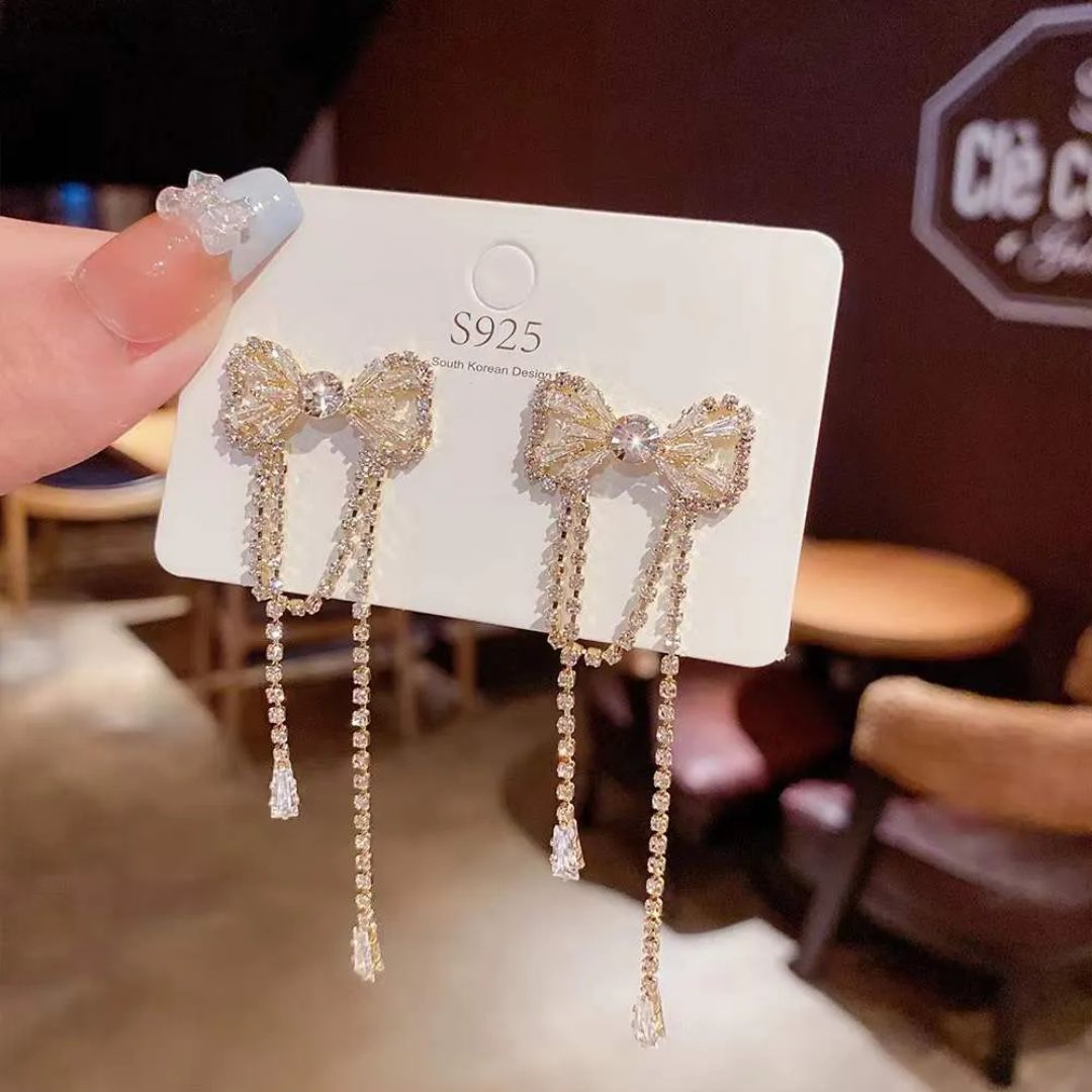 Sparkly Bow Tassel Earrings