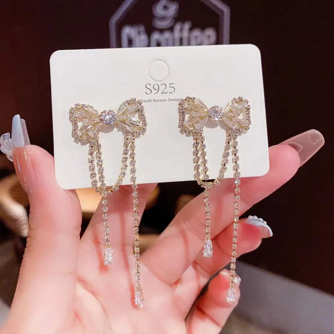 Sparkly Bow Tassel Earrings