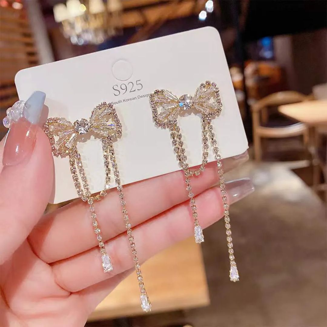 Sparkly Bow Tassel Earrings