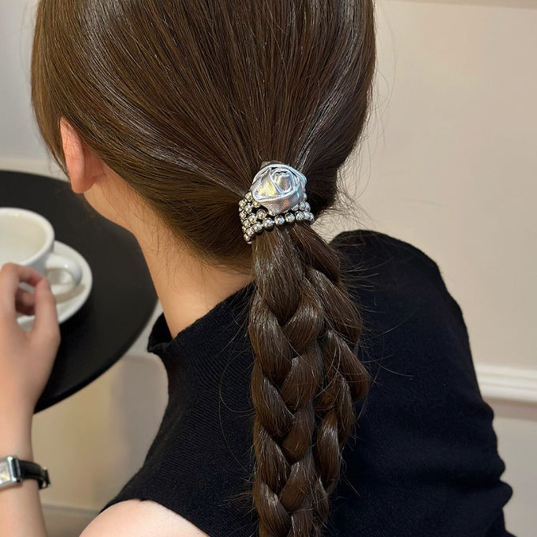 Silver Rose & Bead Hair Tie
