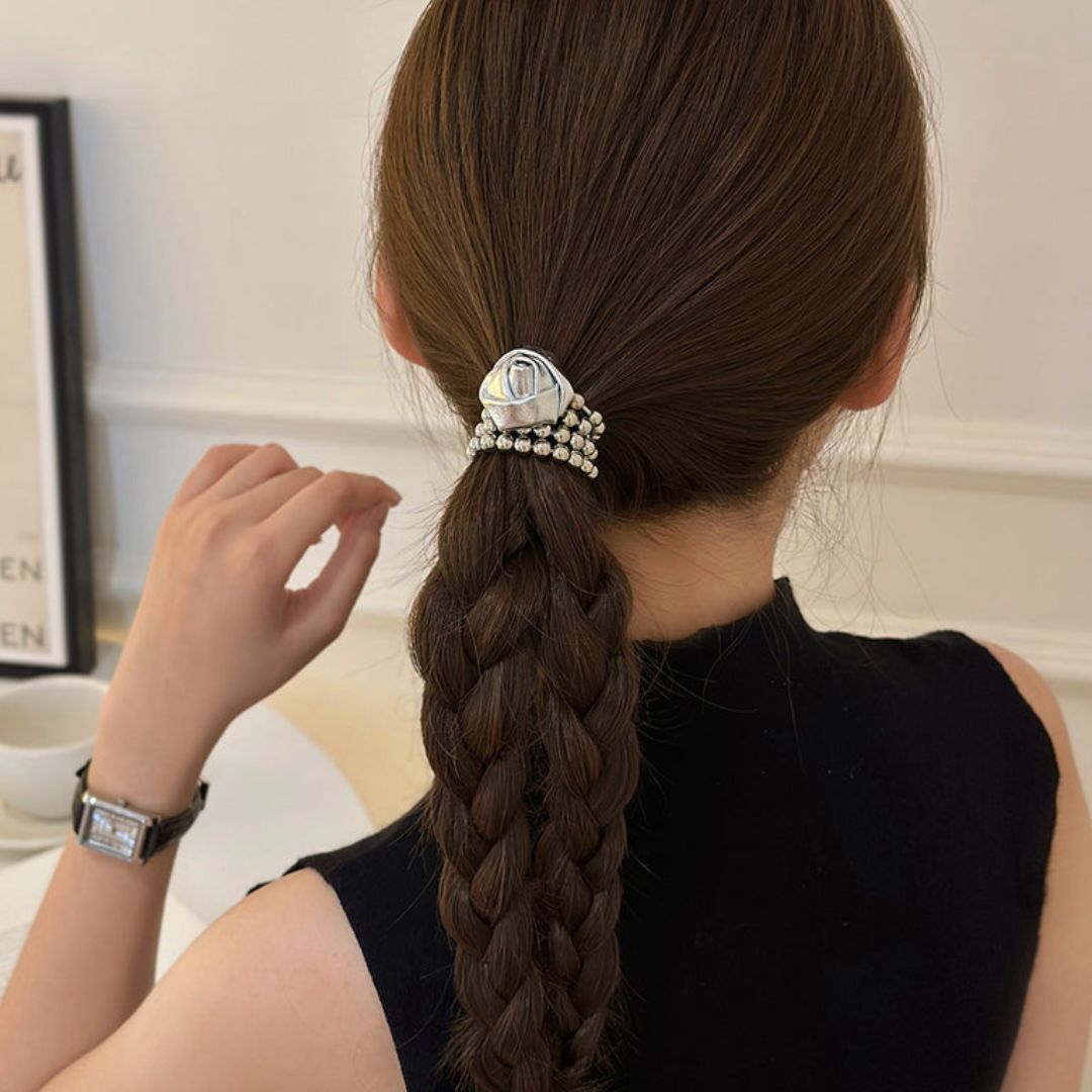 Silver Rose & Bead Hair Tie