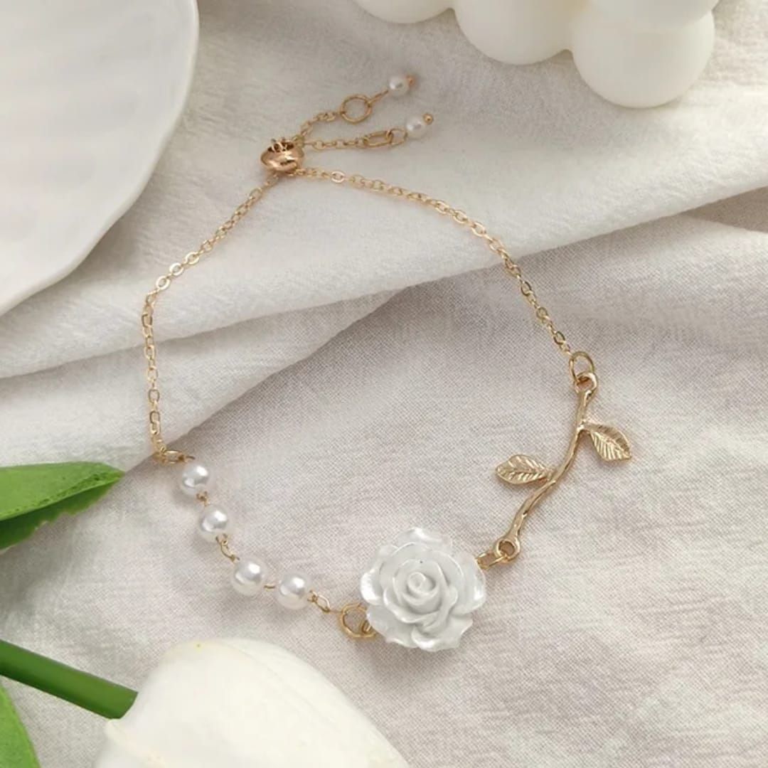 White Rose & Pearl Charm Bracelet