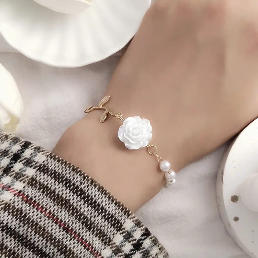 White Rose & Pearl Charm Bracelet