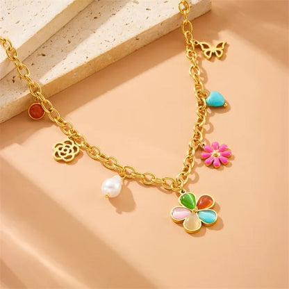 Flower Charm Linked Necklace