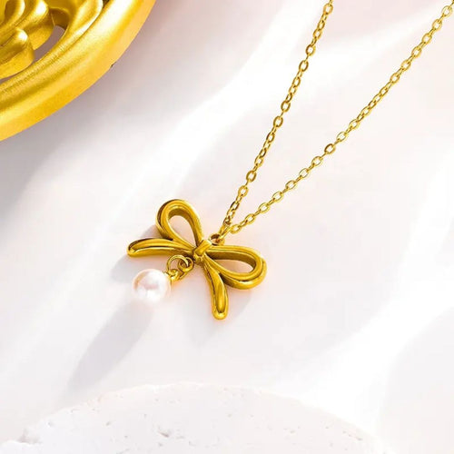 Golden Bow Pearl Necklace