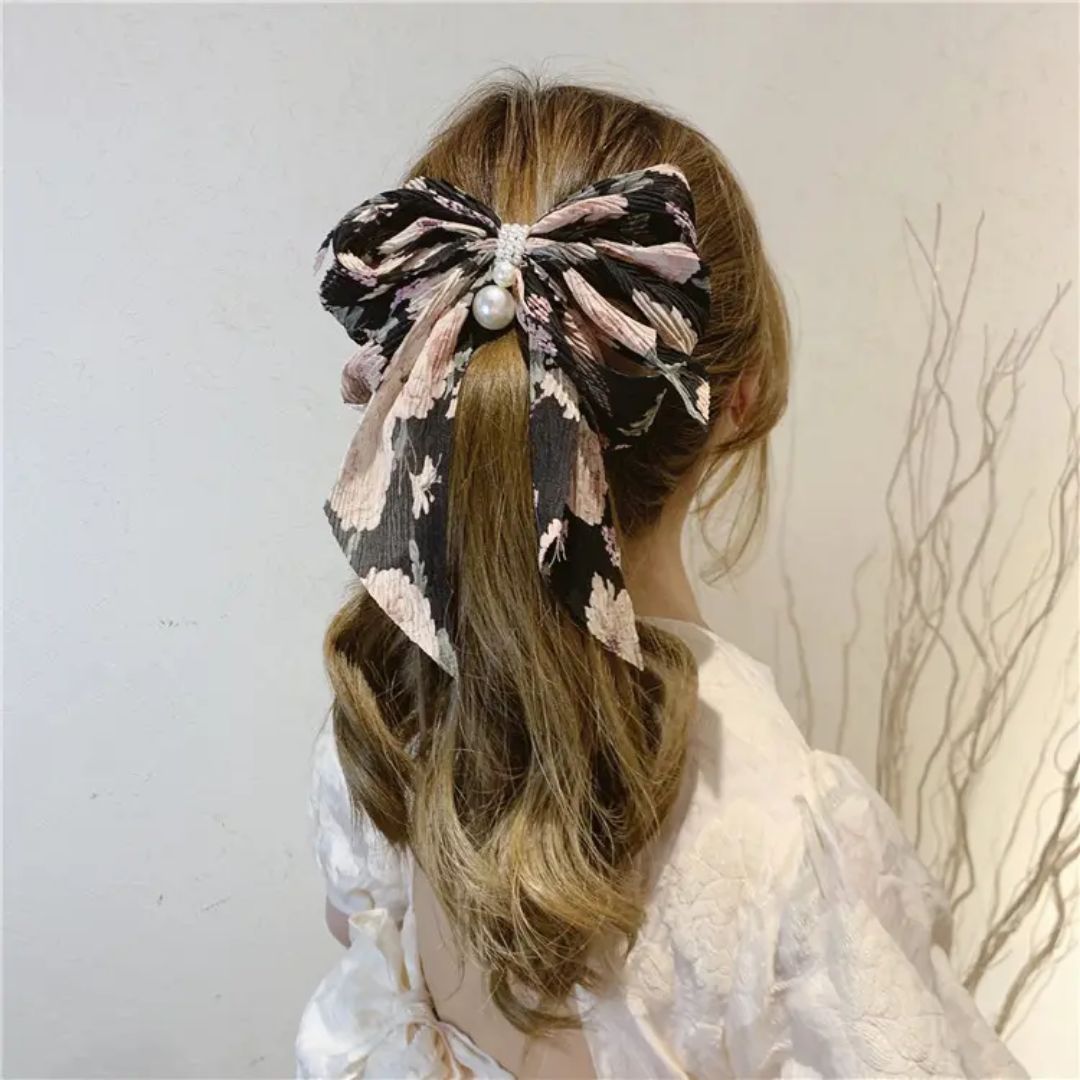 Floral Pleated Bow Hair Clip