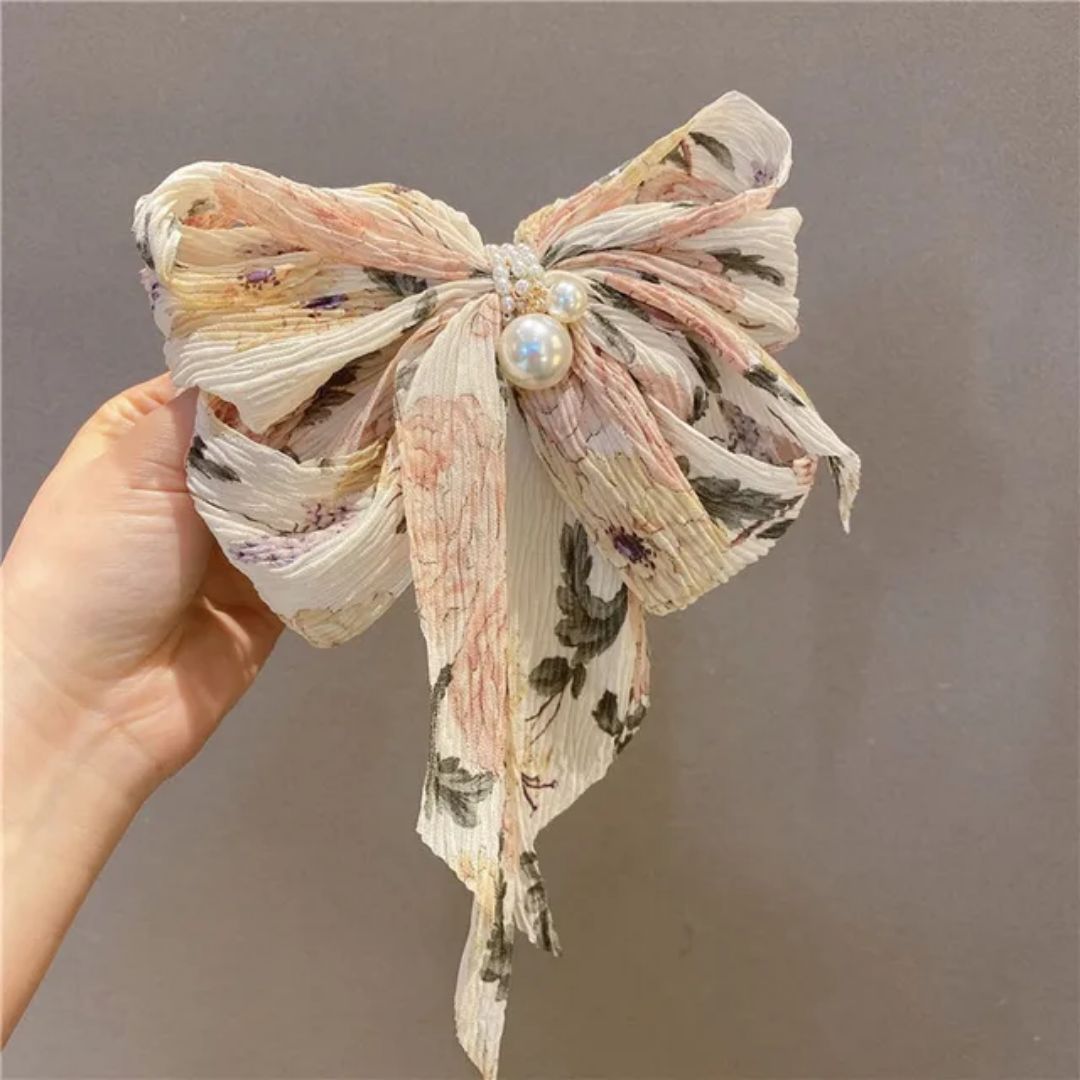 Floral Pearl Bow Hair Clip