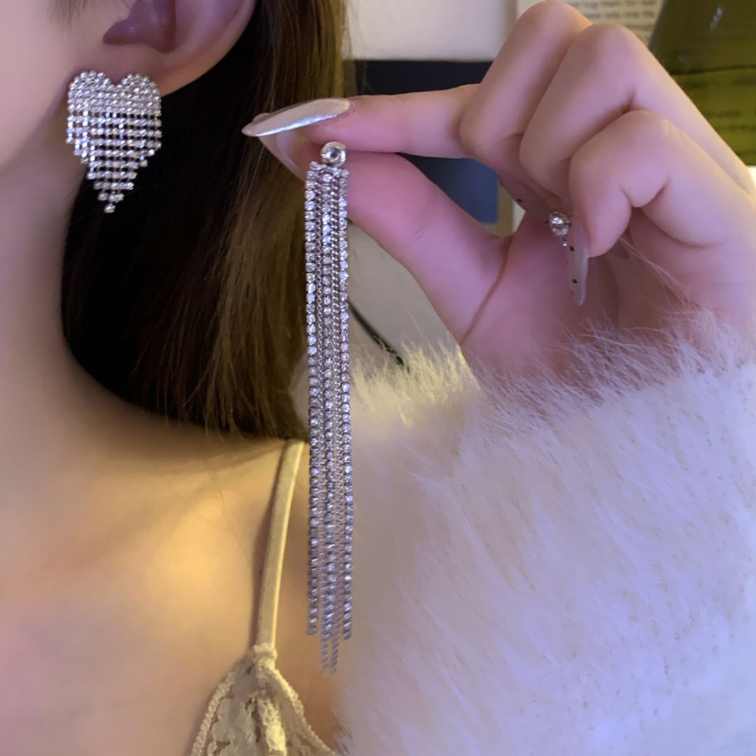 Dazzling Heart Tassel Earrings